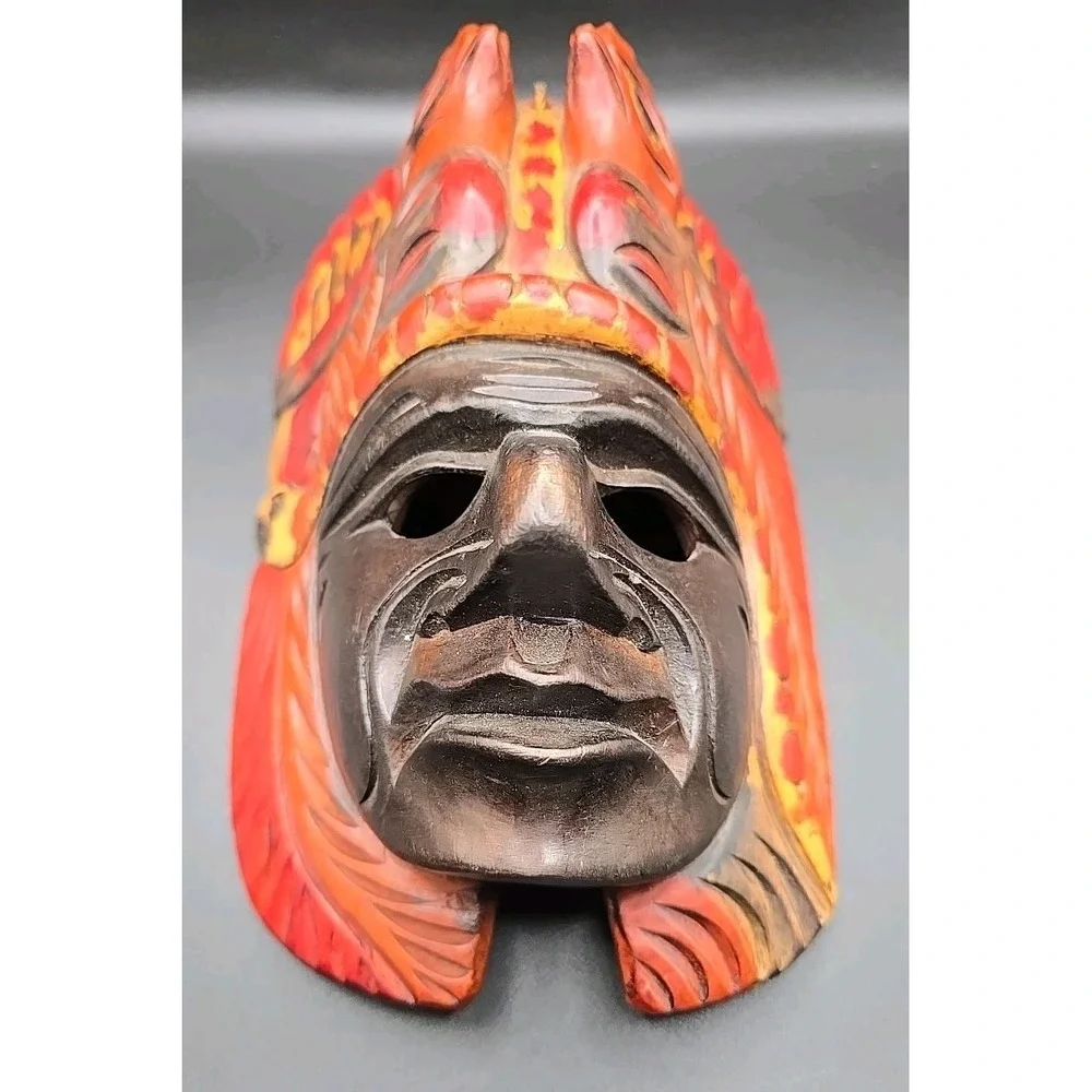 Tribal Mayan Aztec Hand Carved Wooden Face Mask Decorative Art Wall Painted